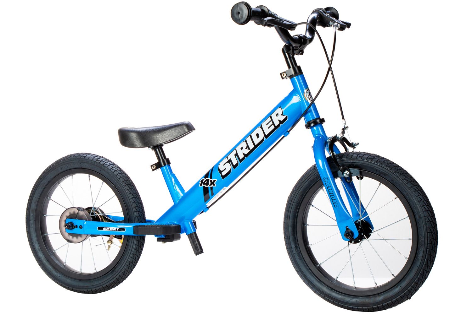 Angled view of a blue Strider 14x Sport balance bike without the pedal kit attached